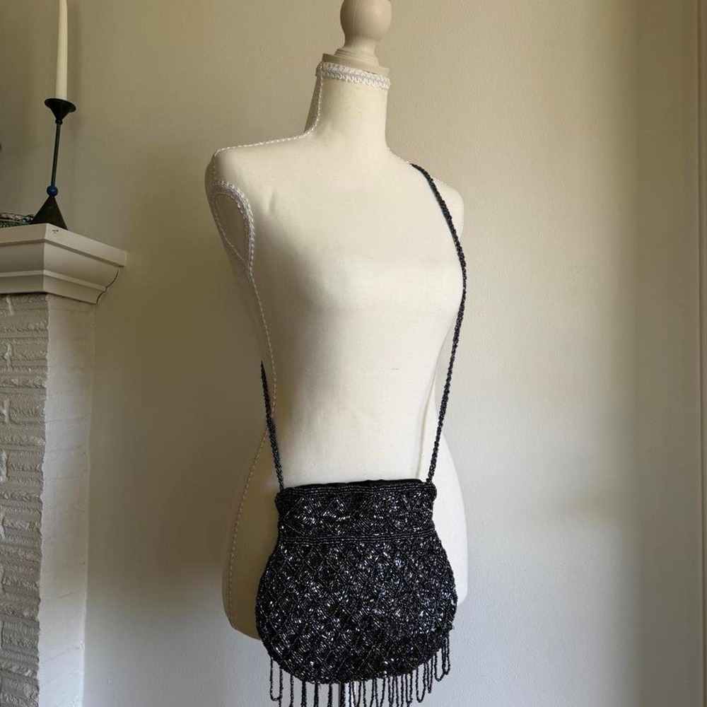 Navy blue beaded sequin purse with accents and fringe